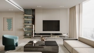 роскошная гостиная с камином и видом на город