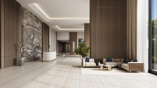Роскошное лобби здания с современным дизайном и местами для сидения
