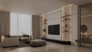 Светлая современная гостиная с бежевым диваном и травертиновой стеной