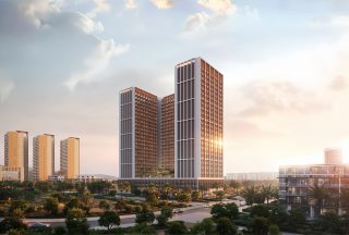 Современная высотная жилая башня со стеклянным фасадом