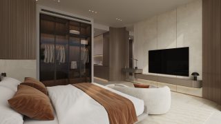 Современная спальня с кроватью, шкафом и телевизором
