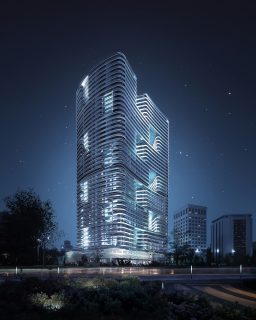 ночной вид на современный высотный комплекс Binghatti Hills
