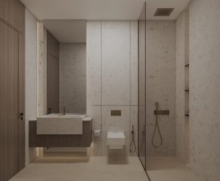 Современная ванная комната с травертиновыми стенами и бронзовыми акцентами