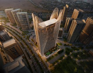 Аэроснимок здания Skyhall с горизонтом Дубая