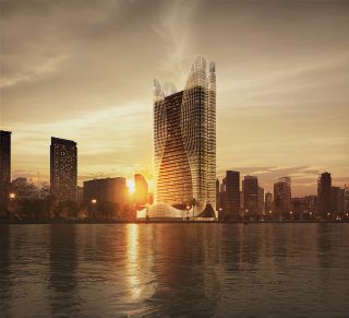 Небоскреб Skyhall с закатным небом в Business Bay, Дубай